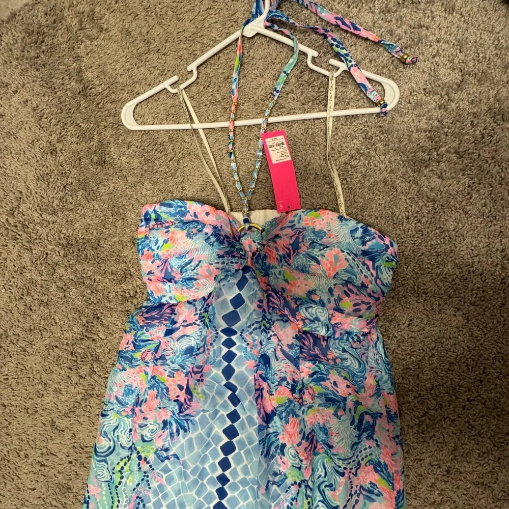 Lilly Pulitzer Blue Pink Floral Strapless Maxi Dress - Picture 4 of 9